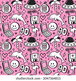 90s retro vintage teen style seamless pattern. Vector cartoon doodle character illustration wallpaper design. 90s,1990,teenager,dolphin,palm,smile fac print for poster,t-shirt seamless pattern concept