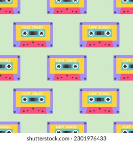 90s seamless pattern with audio cassette. Vector background in cartoon 80s 90s pop art comic style.