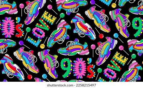 90s seamless pattern. Bright colorful vector background with text love 90s, sneakers and lollipops. Retro flat cartoon style