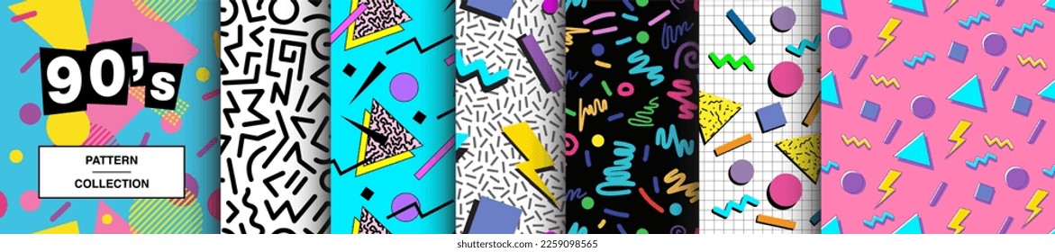 Colección de patrones Seamless Pattern de los años 90. Decoración de estilo retro y animado de 1990. Gráficos divertidos, abstractos y vintage para tejidos, textiles, prendas de vestir. Diseños vectores para envolver papel.