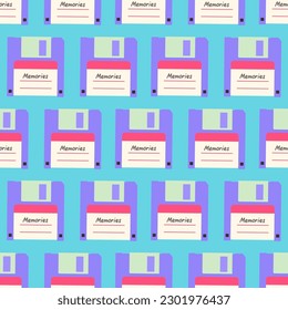 90s seamless pattern with floppy disk. Vector background in cartoon 80s 90s pop art comic style.