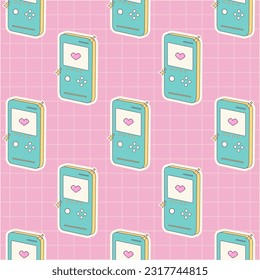 90s seamless pattern with old retro game boy . Vector nostalgic background in cartoon 80s 90s pop art style.Y2k, 00s, 90s concept