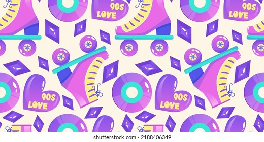 90s seamless pattern in retro style. Cartoon 1990 style vector illustration. Trendy vector design. Neon color. Seamless pattern with rollers, disk and heart.