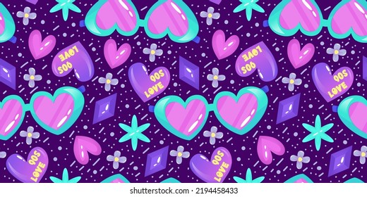 90s seamless pattern in retro style. Cartoon 1990 style vector illustration. Trendy vector design. Neon color. Seamless pattern with strasses, heart and glasses.