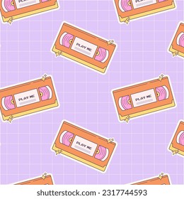 90s seamless pattern with retro video cassettes . Vector nostalgic background in cartoon 80s 90s pop art style.Y2k, 00s, 90s concept