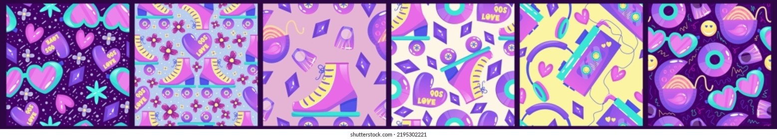90s seamless pattern set with gum, rollers and headphones. Creative modern seamless pattern. Bright neon color 1990. Set cool background.