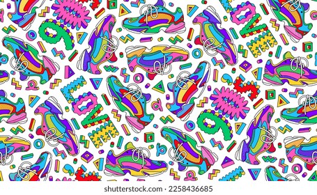 90s seamless pattern with sneakers, geometric shapes and text love 90s. Bright colors, trendy retro design