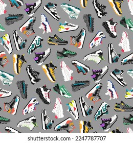 90s seamless pattern with sneakers. Retro vintage background in pixel art design. Vector illustration.