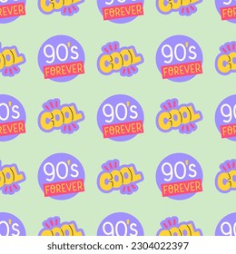 90s seamless pattern with stickers 90s forever and cool. Vector background in cartoon 80s 90s pop art comic style.