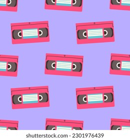 90s seamless pattern with video cassette. Vector background in cartoon 80s 90s pop art comic style.