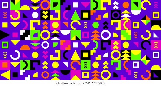 90s Seamless Vector Pattern. Neon Colors. Colorful Geometric Endless Prints with Abstract Elements Isolated on a Vibrant Violet Background. RGB. Vivid Repeatable Design in Retro Style.Funky Pattern.