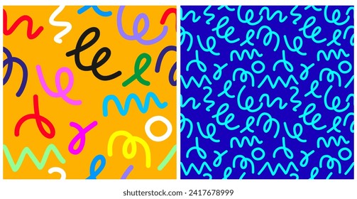 Patrones de vectores sin soldadura de 90'. Colores de neón. Impresiones geométricas interminables coloridas con elementos abstractos aislados en un fondo amarillo vivo y azul vibrante. RGB. Diseño Vivid Repetible en Estilo Retro.
