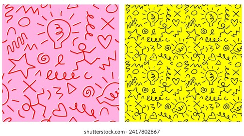 90s Seamless Vector Patterns. Neon Colors. Colorful Geometric Endless Prints with Abstract Elements Isolated on a Vivid Yellow and Light Pink Repeatable Design in Retro Style. Abstract Doodle Pattern.