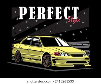 90s sedan car illustration vector with stars background and text design graphic
