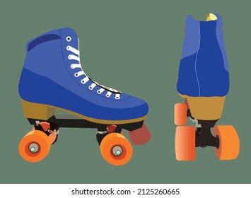 90s skates style with shoes model with four wheels and a brake in the front. Two side look of vintage and retro sports collection of roller skates