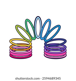 90s slinky toy icon. Vector symbol of retro spring coil for playing. Classic and nostalgic childhood entertainment with flexible spirals. Vintage fidget that bounce and stretch down stairs. Kid, child