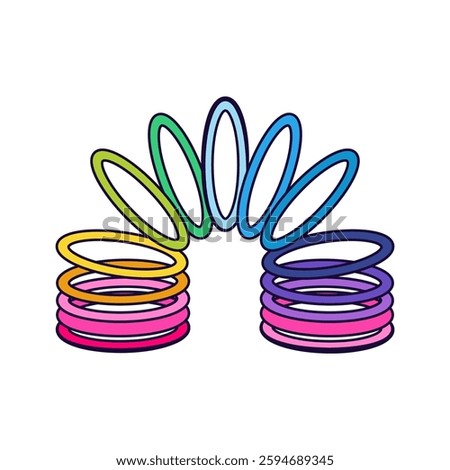 90s slinky toy icon. Vector symbol of retro spring coil for playing. Classic and nostalgic childhood entertainment with flexible spirals. Vintage fidget that bounce and stretch down stairs. Kid, child