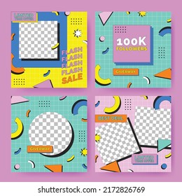 90's Social Media Post Background Illustration with Memphis Style And Geometric Pattern Template Collection Set 