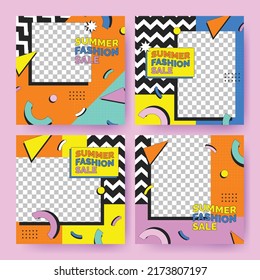 90's Social Media Post Background Illustration with Memphis Style And Geometric Pattern Template Collection Set 