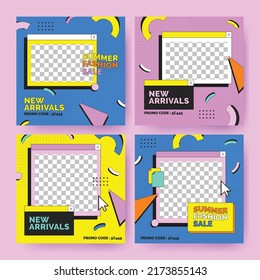 90's Social Media Post Background Illustration with Memphis Style And Geometric Pattern Template Collection Set 