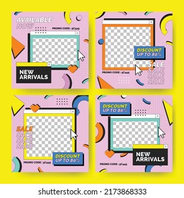 90's Social Media Post Background Illustration with Memphis Style And Geometric Pattern Template Collection Set 