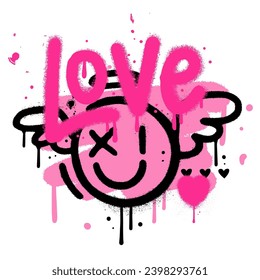 90s spray paint valentine's dat greeting card. Hand drawn graffiti texture style comic cupid emoji shape, heart and word LOVE. Design for print, sticker. Trendy 90s vintage Vector Illustration