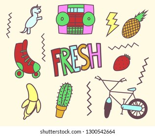 90's sticker, doodle, set, t shirt, drawing 