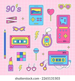 90s stickers pack. Set of trendy retro elements. Bright vector illustration.