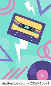 90s style audio casette concept. Flyer, booklet and leaflet. Back to 80s and 90s. Audio equipment for record and listening. Music, songs and playlists. Cartoon flat vector illustration