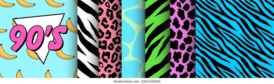 90's Style Collection of Seamless Patterns. Set of retro graphics for apparel and textiles inspired by music and television in 1990. Fashion designs pack. Grunge, animals, wild life, bananas.