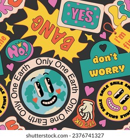 90s Style Cool Stickers Collage Pattern. Pop Att Funky, Groovy Background with Retro Colour Patches. Cartoon Fun Smile Faces, y2k Vector Illustration. Vector illustration