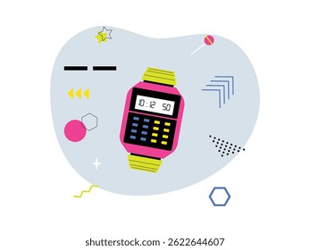 90's style digital clock with vintage elements background, vector illustration.