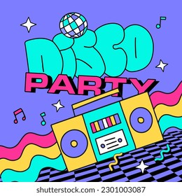 Disco-Party-Banner-Vorlage im Stil der 90er Jahre. Retro-Musikposter mit Vintage-Kassetten-Player und Spiegel-Ball funky bunt Design. Memphis Music Partys, 80er Jahre und Audio Poster Vektorgrafik.