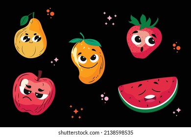 90's style Doodle Cartoon funny fruits characters and fruits face isolated objects and graphic elements pear mango strawberry apple watermelon cute