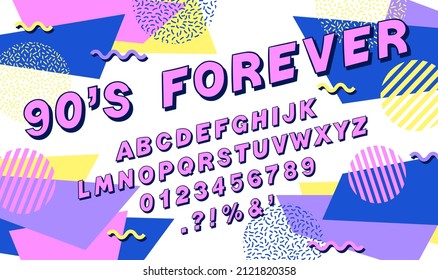 90s style font alphabet. Doodle font. Colorful typography. Doodles alphabet letters, numbers, punctuation marks. Trendy geometric shapes background. Nostalgia for the 90s.