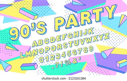 90s Style Font Alphabet. Doodle Font. Colorful Typography. Doodles Alphabet Letters, Numbers, Punctuation Marks. Trendy Geometric Shapes Background. Nostalgia For The 90s.