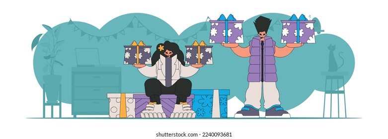 90s style. The girl and the guy are holding two gifts in their hands. Holiday surprise concept.