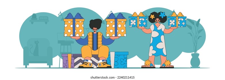 90s style. A girl and a guy are holding gift boxes. The concept of the holiday and gifts.