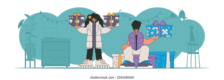90s style. The girl and the guy are holding two gifts in their hands. The concept of the holiday and gifts.