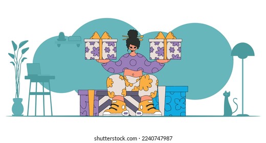 90s style. The girl is holding gifts. A woman sits on gift boxes. Holiday surprise concept.