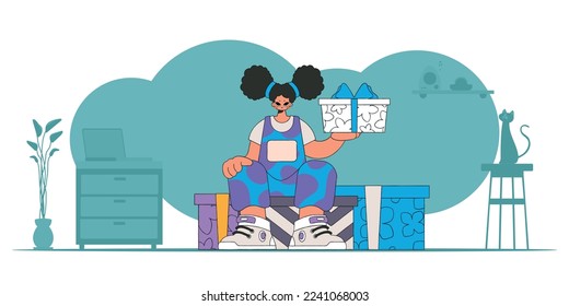 90s style. The girl is holding gifts. A woman sits on gift boxes. The concept of the holiday and gifts.