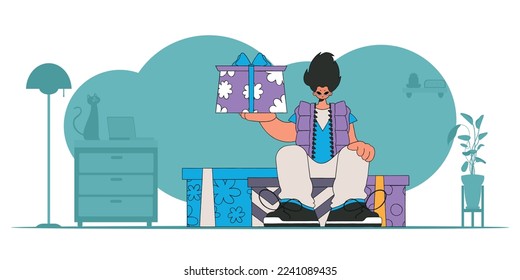 90s style. The guy is holding gifts. A man sits on gift boxes. Holiday surprise concept.