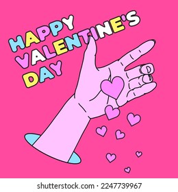 90s style Happy Valentine's Day card. Banner for social media with hands scattering hearts. Hand that sows hearts with black outline on pink background