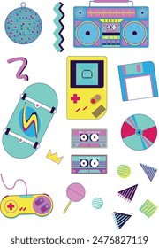 90's style icon, asset, game, radio, skateboard, retro video game, solfdish, disco ball, lollipop