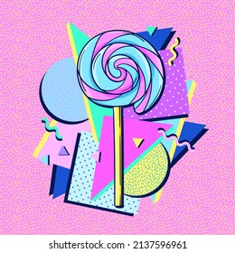 90s style lolly pop poster. Retro candy pop art. 90s style vector banner. 1990s trendy illustration. Nostalgia for the 90s.