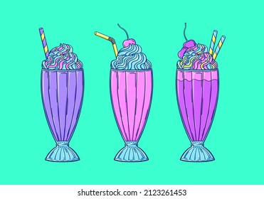 90s style milkshake illustration. Retro sweet ice cream dessert pop art vector. 90s style vector. 1990s trendy illustration. Nostalgia for the 90s.