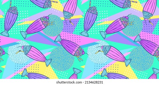 90s style milkshake pattern. Retro sweet ice cream dessert pop art vector. 90s style vector. 1990s trendy illustration. Nostalgia for the 90s.