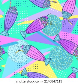 90s style milkshake pattern. Retro sweet ice cream dessert pop art vector. 90s style vector. 1990s trendy illustration. Nostalgia for the 90s.