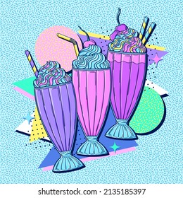 90s style milkshake poster. Retro sweet ice cream dessert pop art vector. 90s style vector. 1990s trendy illustration. Nostalgia for the 90s.