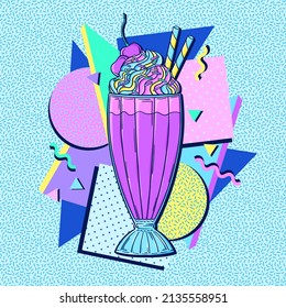 90s style milkshake poster. Retro sweet ice cream dessert pop art vector. 90s style vector. 1990s trendy illustration. Nostalgia for the 90s.